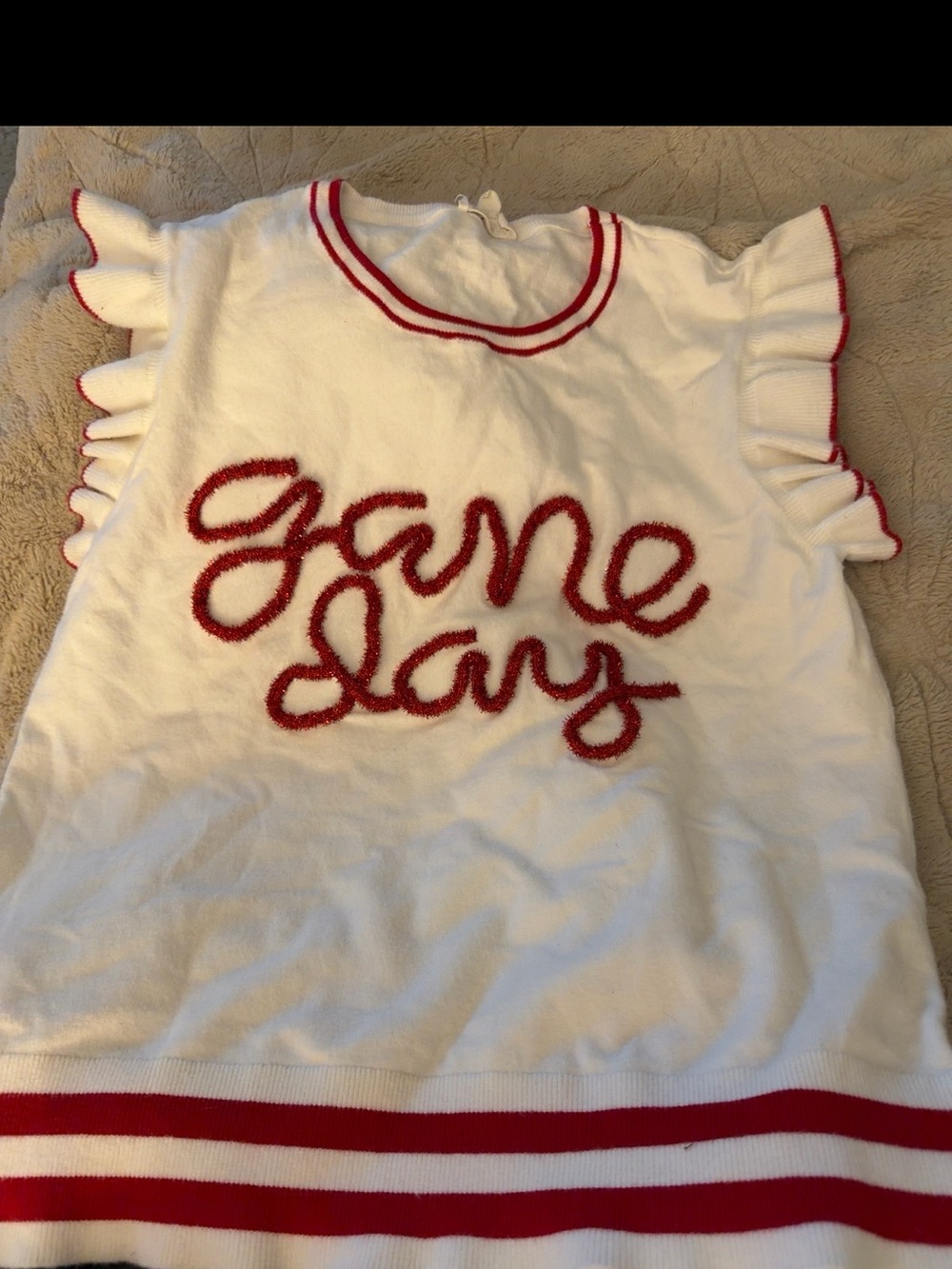 BIBI Game Day Ruffle Sleeve Knit Sweater Top White Red Size Large With Beaded CB - Picture 2 of 10